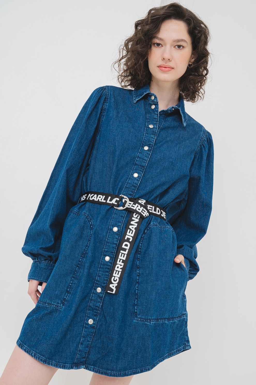 KARL LAGERFELD JEANS, Rochie-camasa dein denim cu capse, Albastru inchis, S