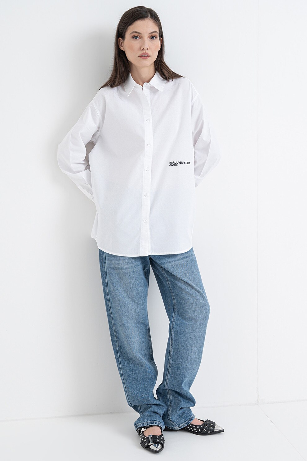 KARL LAGERFELD JEANS, Camasa supradimensionata de bumbac, Alb optic, S