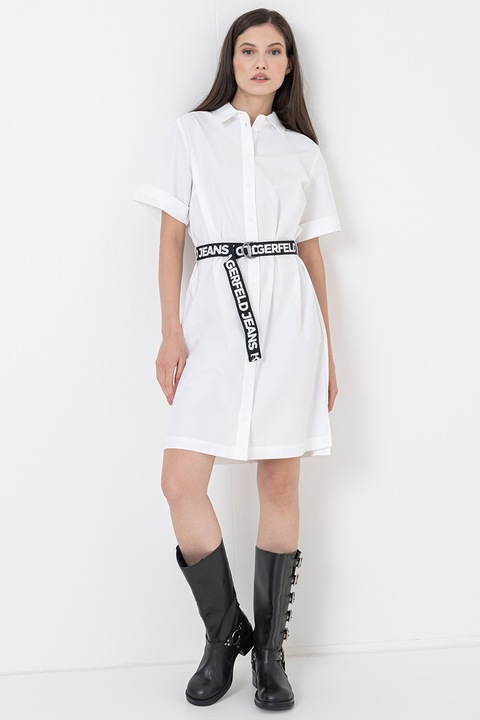 KARL LAGERFELD JEANS, Rochie-camsa cu o curea cu model logo, Alb optic