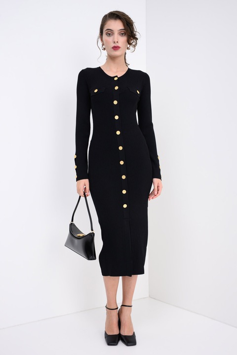 Karl Lagerfeld, Rochie-pulover striata cu nasturi metalici, Negru