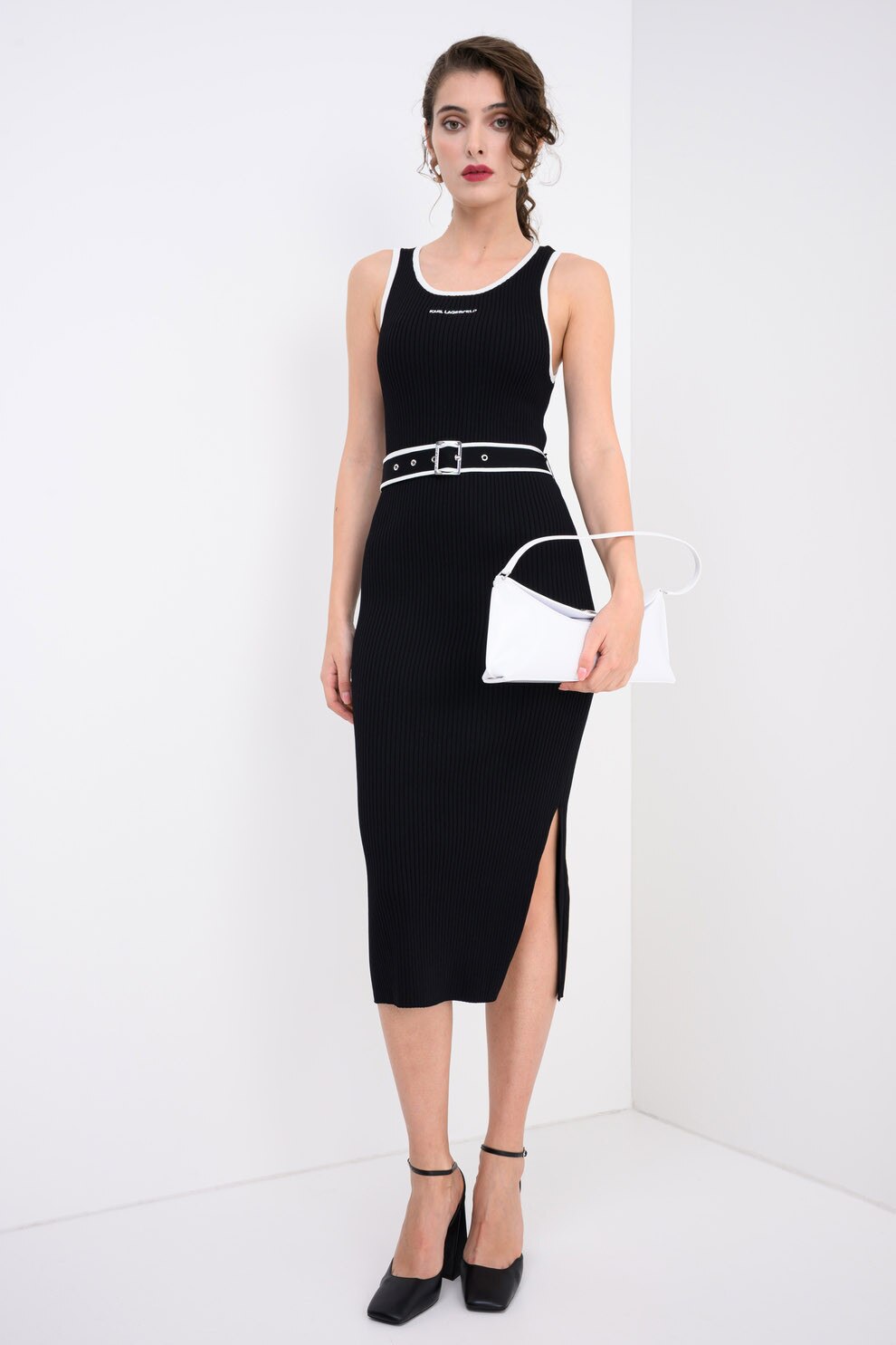 Karl Lagerfeld, Rochie midi cu accente contrastante, Alb, Negru, M