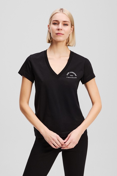 Karl Lagerfeld, Tricou din bumbac organic cu imprimeu logo si decolteu in V, Negru
