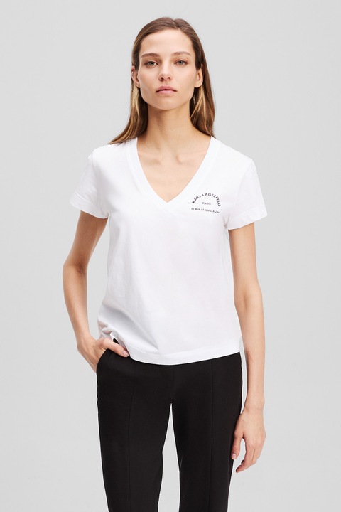Karl Lagerfeld, Tricou din bumbac organic cu imprimeu logo si decolteu in V, Alb