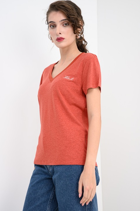 Karl Lagerfeld, Tricou din amestec de in cu logo, Caramiziu