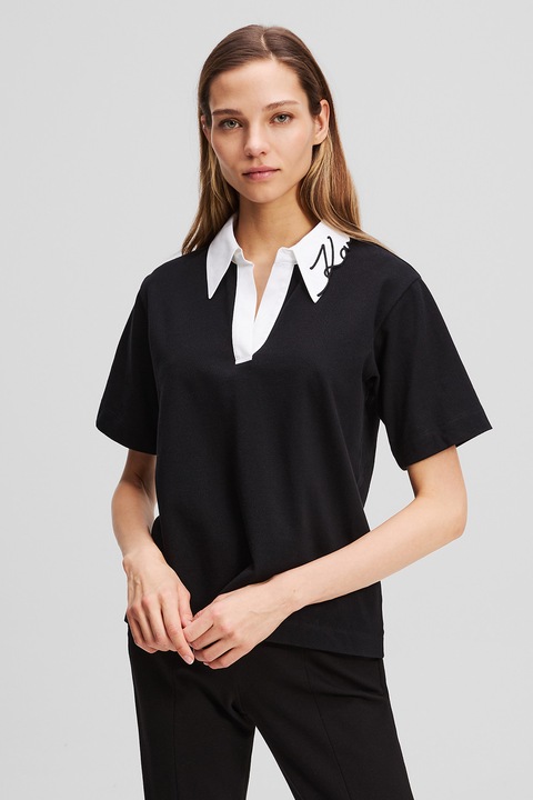 Karl Lagerfeld, Tricou din bumbac organic cu guler contrastant, Negru