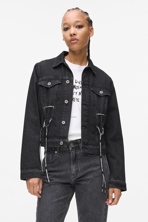 KARL LAGERFELD JEANS, Jacheta de denim din bumbac organic cu detaliu funda, Gri inchis