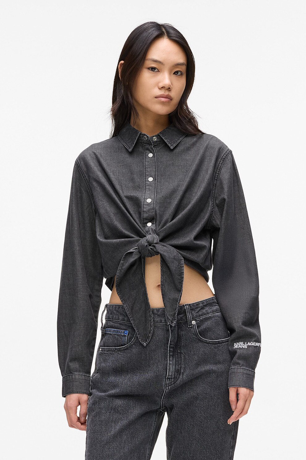 KARL LAGERFELD JEANS, Camasa crop cu prindere frontala, Gri inchis, M