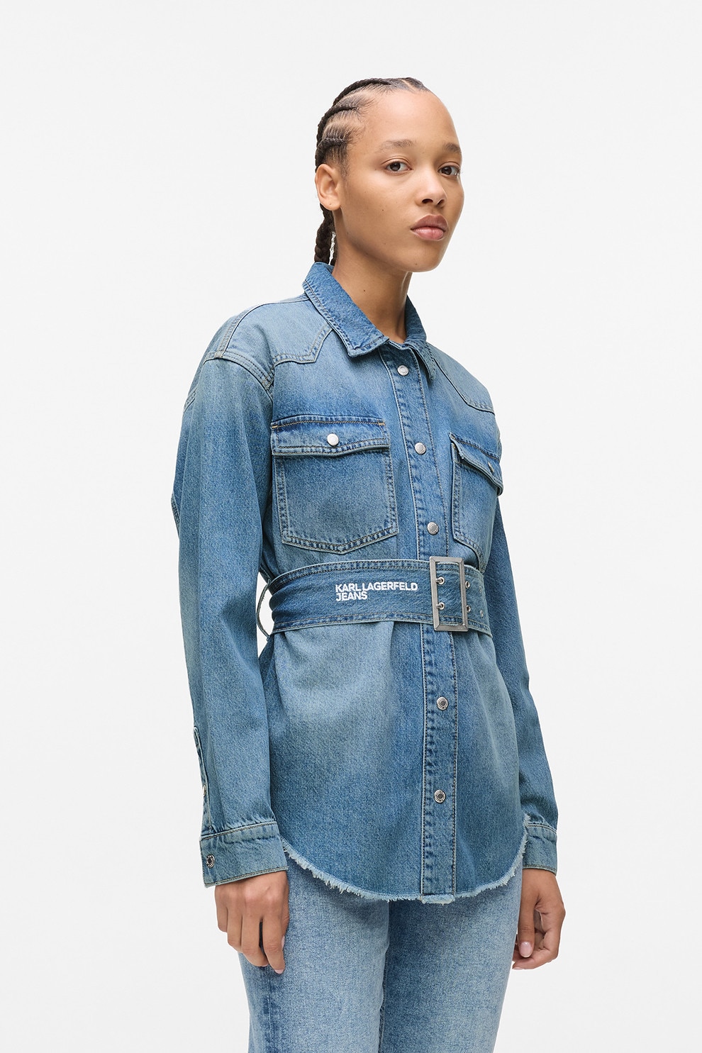 KARL LAGERFELD JEANS, Camasa din denim cu o curea in talie, Albastru pastel, M