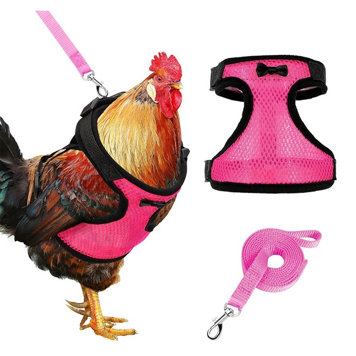Ham pentru gaini cu lesa, set imbunatatit de ham si lesa reglabile dublu pentru gaini, rate, gaste si animale de companie mici, roz (dimensiunea gatului 19-26 cm)