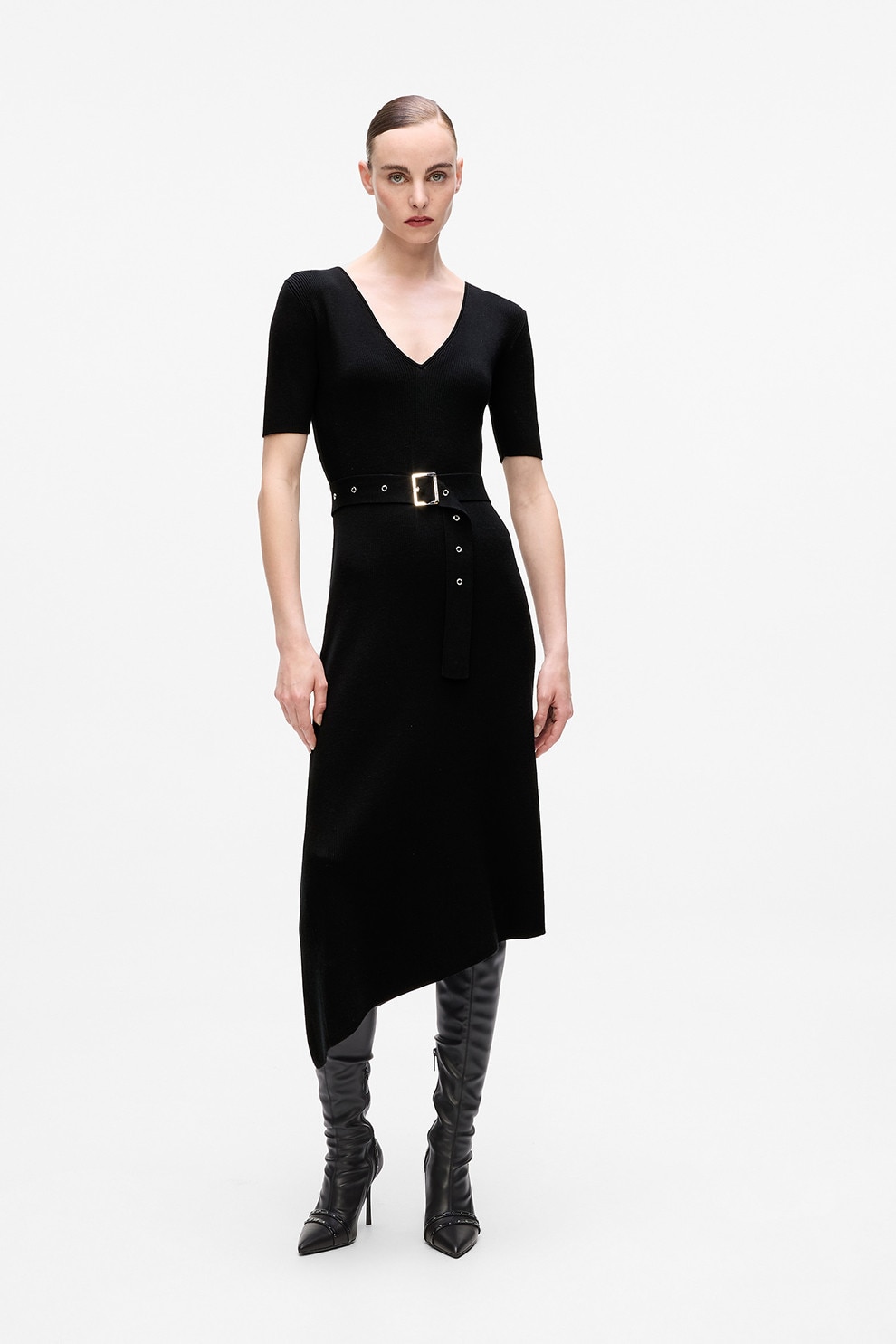 Karl Lagerfeld, Rochie asimetrica si tricotata fin, Negru, S