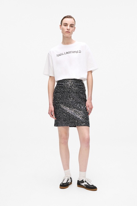 Karl Lagerfeld, Fusta mini cu croiala dreapta si decorata cu paiete, Negru/Gri