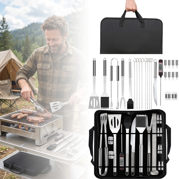 Set de 25 de accesorii gratar, set ustensile gratar cu husa de transport, otel inoxidabil premium, Include termometru, pensule, paie, frigarui, clesti, cadoul potrivit pentru gratar, argintiu