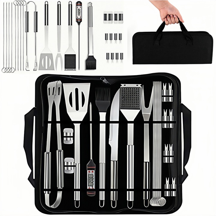 25 darabos BBQ kiegészítő készlet, BBQ eszközkészlet hordtáskával, prémium rozsdamentes acél, hőmérővel, kefékkel, szívószálakkal, nyársakkal, fogókkal, a tökéletes BBQ ajándék, ezüst