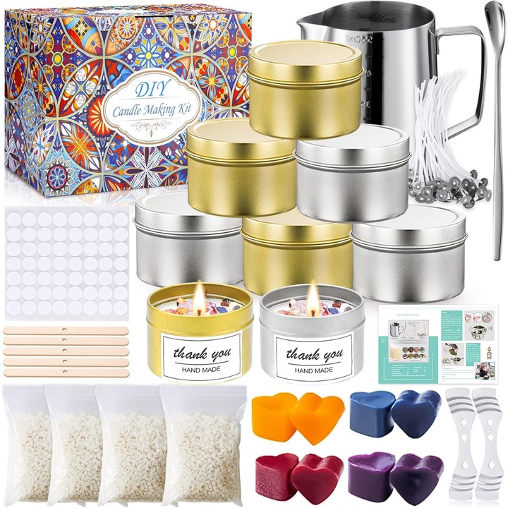 Set pentru crearea lumanarilor, Luka, 8 Recipiente, 50 Fitile, 500 g Ceara soia, Multicolor