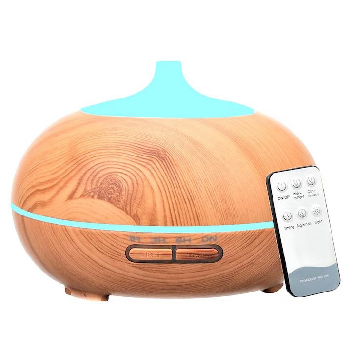 Ултразвуков овлажнител за въздух/ароматерапевтичен дифузер, с дистанционно управление, 7-цветен LED, таймер, светъл дъб