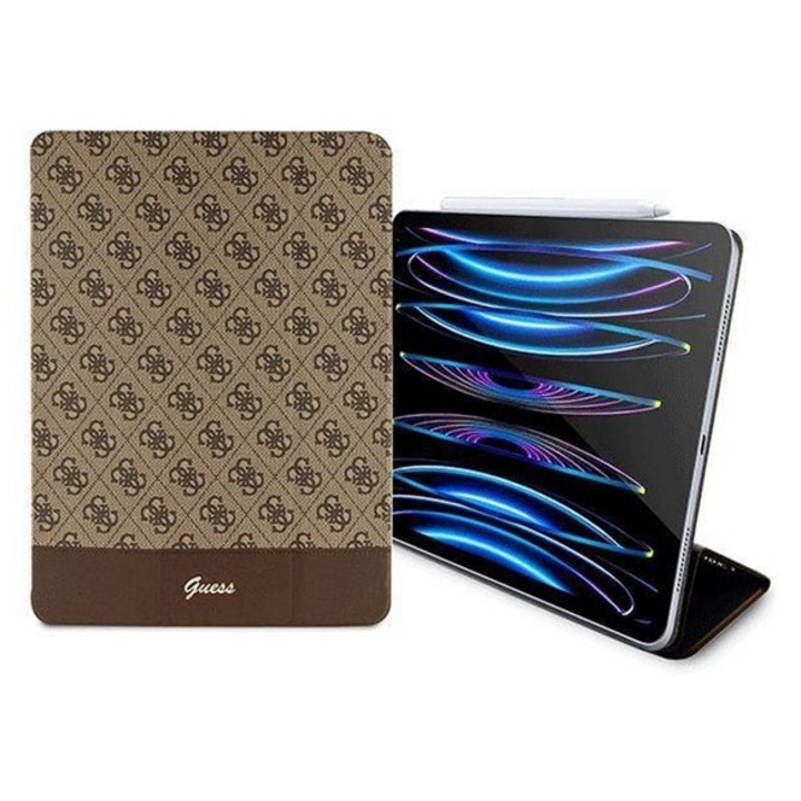 Guess stripe allover tabletvédő álló, eco bőr hatású, flip, oldalra nyíló, trifold, asztali tartó, barna, kompatibilis: Apple IPAD Pro 12.9, 2017, / IPAD Pro 12.9, 2022, / IPAD Pro 12.9, 2021