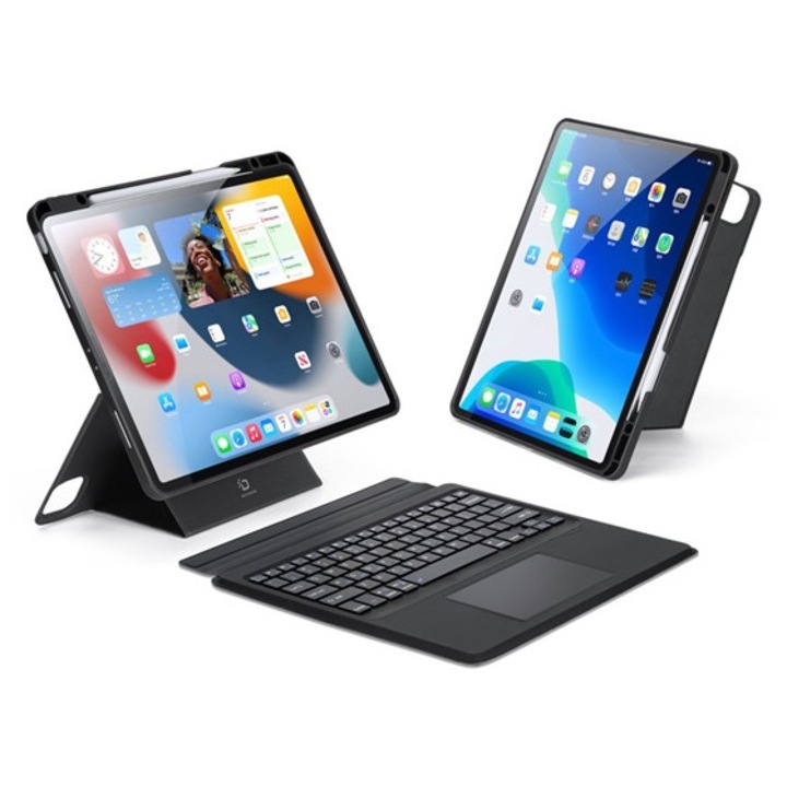 Dux ducis tabletvédő álló, bőr hatású, flip, bluetooth billentyűzet, asztali tartó, qwerty, angol nyelvű, ceruza tartó, fekete, kompatibilis: Apple IPAD Air 13, 2025, / IPAD Pro 12.9, 2018, / IPAD Air 13, 2024