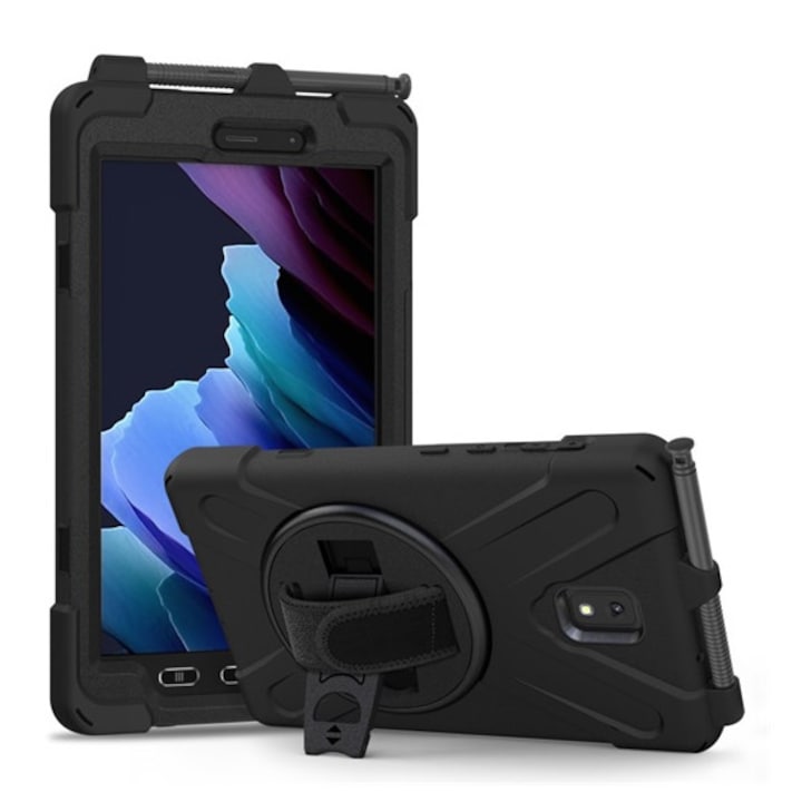 Gigapack defender műanyag tabletvédő, ütésállóság, kitámasztó, 360° + kézpánt, fekete, kompatibilis: Samsung Galaxy Tab Active 3 LTE, SM-T575