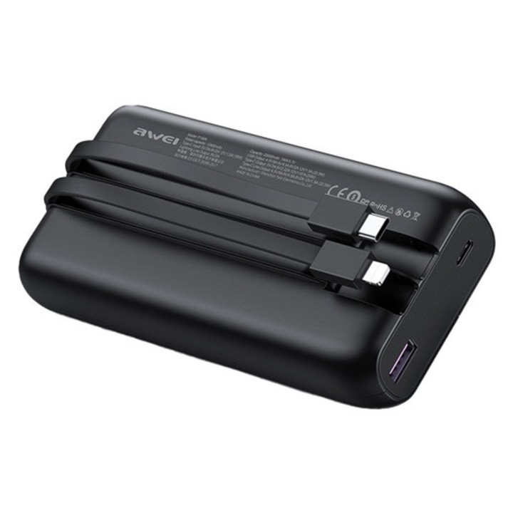 Awei p169k vésztöltő usb+type-c aljzat, 20000mah, 22.5w, pd gyorstöltő + fix type-c+lightning kábel, fekete