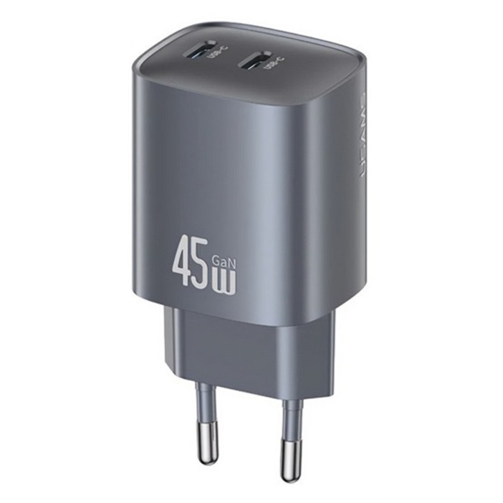 Usams hálózati töltő 2 type-c aljzat, 45w, gan, pd gyorstöltő 3.0, sötétszürke