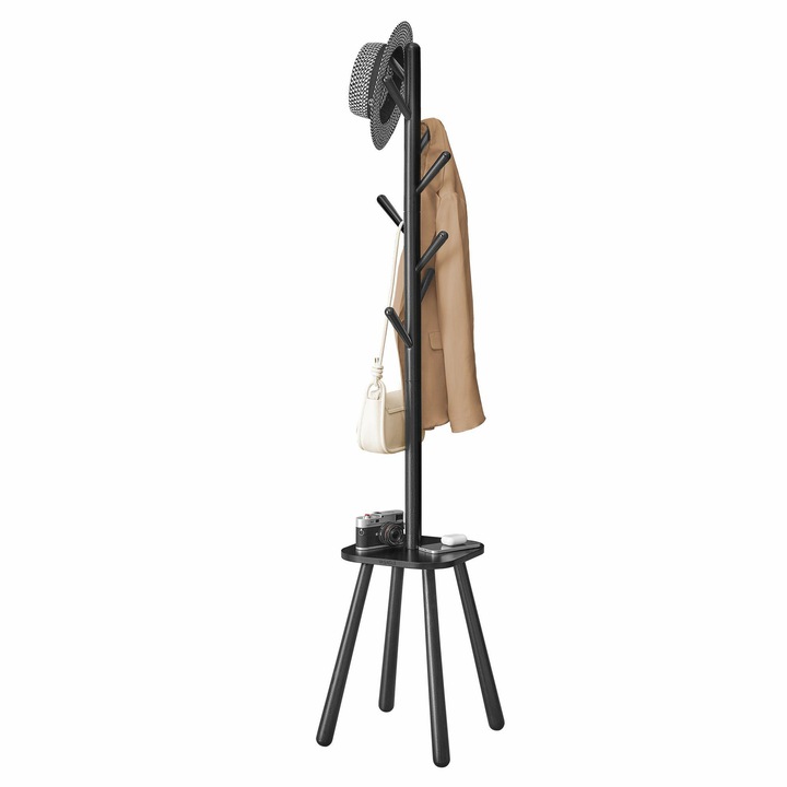 Ruhatartó polccal, Songmics, Anyag: Gumifa, MDF, Akasztók száma: 8, Nedvességállóság: Nem, Csúszásgátló tulajdonságok: Igen, 170,5 x 34,7 x 34,7 cm, Fekete