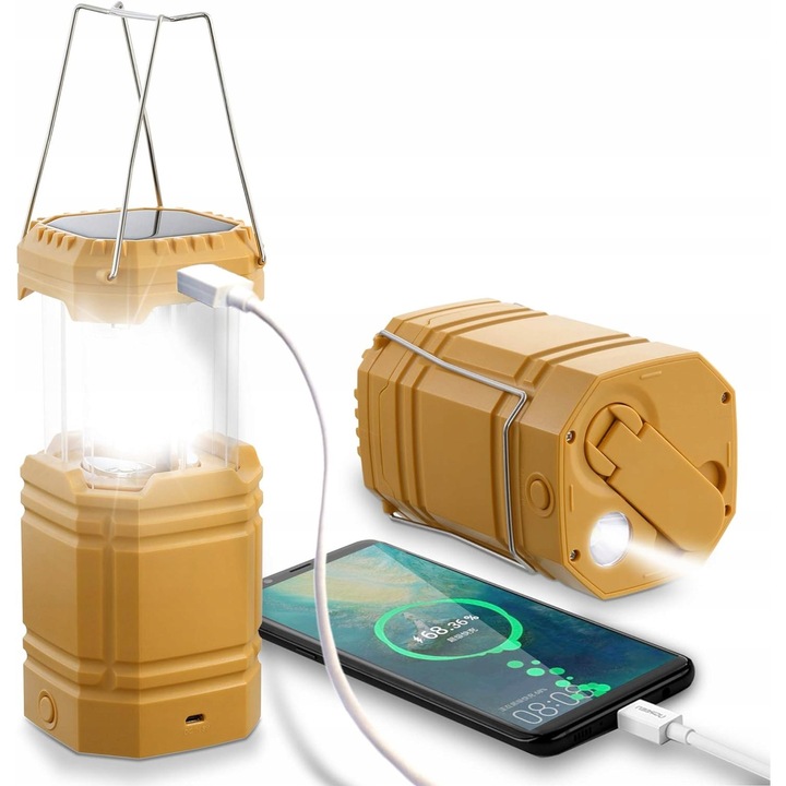 Lanterna solara camping, Luka, 3000mAh, 250 lm, Impermeabil, Galben