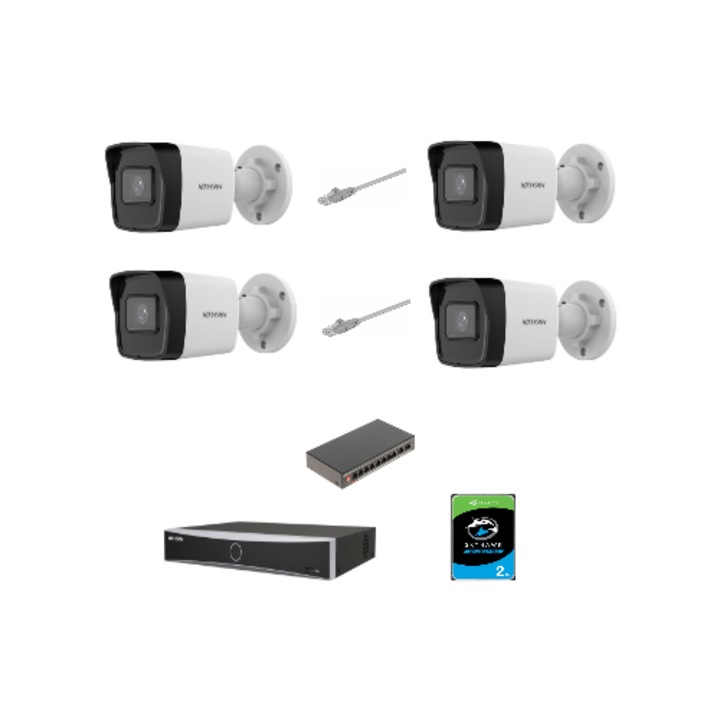Система за видеонаблюдение Hikvision, 4 камери Hikvision 2mp IR 30m, PoE, 8-канален NVR, 10-канален POE комутатор