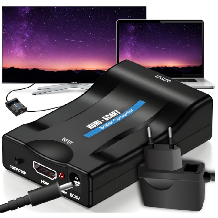 K Kathode Digitális-Analóg Átalakító, HDMI / SCART adapter, HDMI 1.4 Kompatibilis, 720p/1080p Felbontás, PAL/NTSC Támogatás, Plug & Play, DC 5V Tápellátás, kábel HDMI 7 m, SCART 8 m, ABS, Ideális HDMI Nélküli TV-khez, Konzolhoz, DVD-hez, Dekóderhez