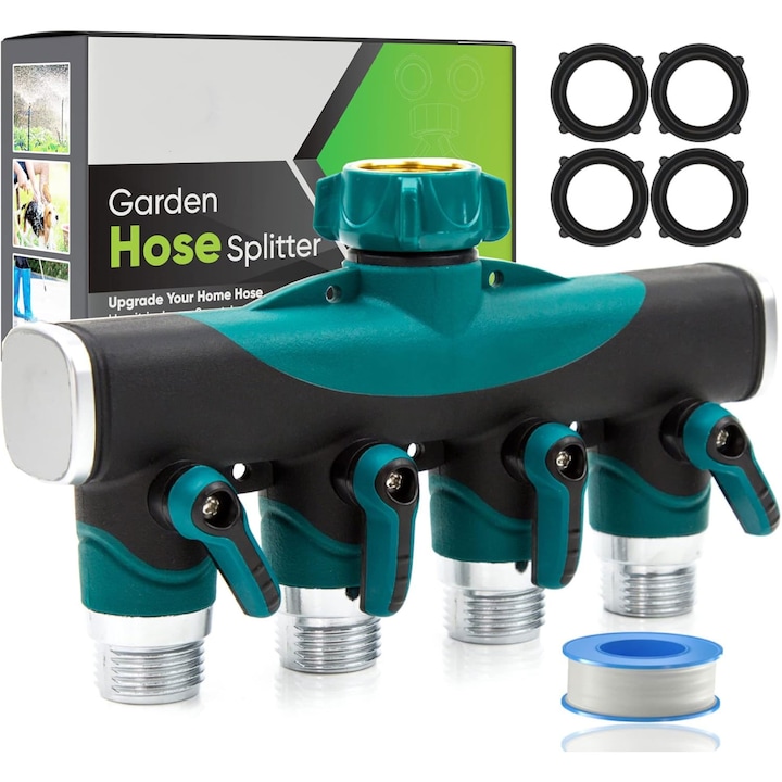 Mufa de gradina 4 cai, cootway, 4 supape, 3/4" si 1/2", valve ON/OFF, Negru/Verde