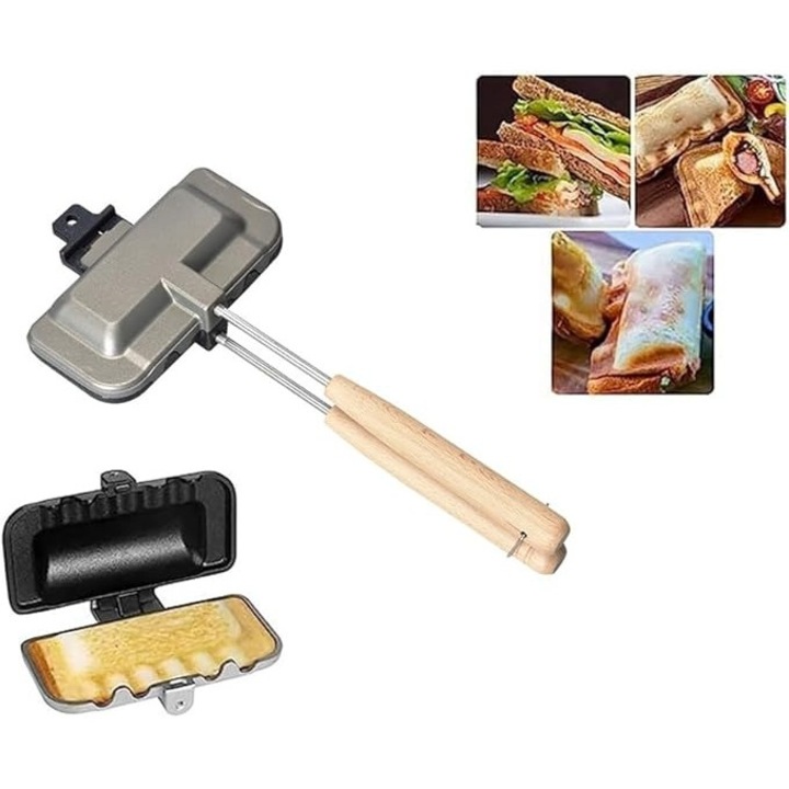 Prajitor de paine si sandvisuri manual, din metal, cu manere din lemn, cu placi antiaderente, utilizat pe aragaz, negru