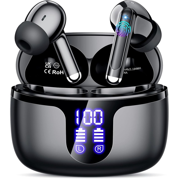 Casti wireless bluetooth, Talzov®, earbuds in ear, fara fir, cu Display LED Inteligent, sport, cu microfon, control touch, asistent vocal, universale, Bluetooth 5.3, negru