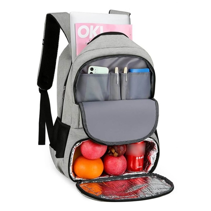 Раница с хладилно отделение, термочанта, предни джобове с цип, регулируеми презрамки, 32 x 19.5 x 15.5 см, 36 л, сив