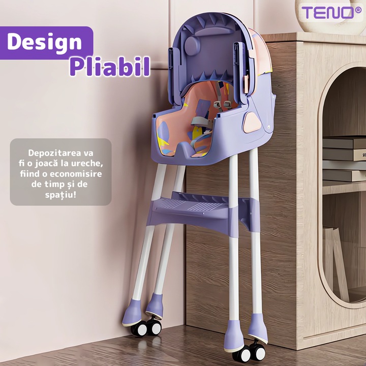Teno® 3in1 baba- és gyermekasztalos szék, 3 állítható szint, 5 pontos biztonsági öv, állítható és kivehető tálca, játéktároló, rózsaszín/nyíró színben