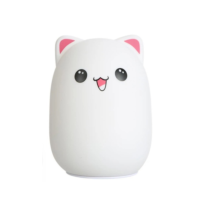 VarioShop® gyerek éjszakai fény, macska alakú, puha szilikon, RGB, érintésvezérlés, USB, 5 szín, 1200mAh újratölthető akkumulátor, fehér/rózsaszín