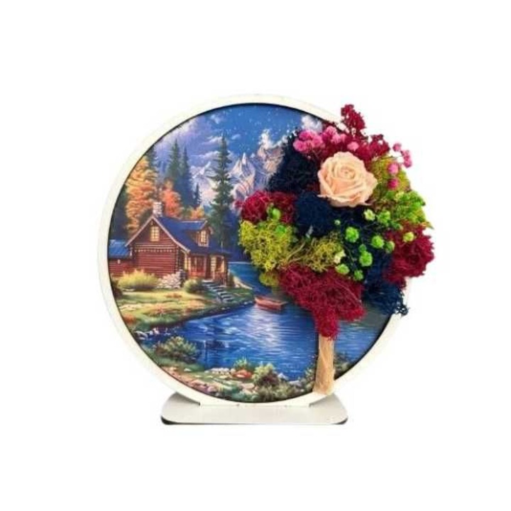 Tablou Handmade cu Licheni Colorati si Trandafir Criogenat-Decor natura si relaxare, 20 cm