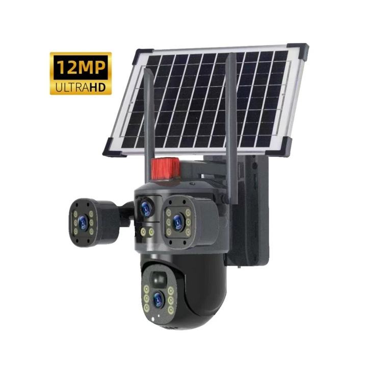 Camera de supraveghere video tripla AOVO, Wi-Fi, ULTRA HD, alimentare solara si prin priza, 12MP, 6K, vedere nocturna color, detectie de miscare, alarma inteligenta, gimbal 360°, support pentru stocare pana la 128GB