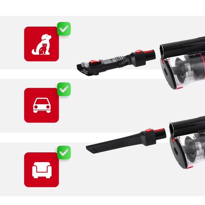 Lehmann Mistral akkus álló porszívó, 150W, 26,5V, HEPA szűrő, LED világítású kefe, 0,8 l-es tartály, állítható teljesítmény, 114,5x26,3x17,5cm, 2,4kg, fekete/piros