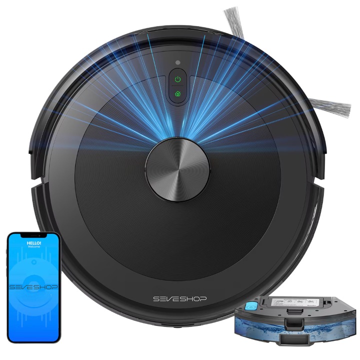 Aspirator Robot Inteligent 3 In 1, SeveShop® D10S, Aspirator Robot Cu Functie Mop, Navigatie LiDAR 360°, Putere Aspirare 4500 Pa, Robot Aspirare Podea, Harti Multi-Etaje, Control Prin Teendow Si Alexa, Aspirator WiFi Silentios, Negru