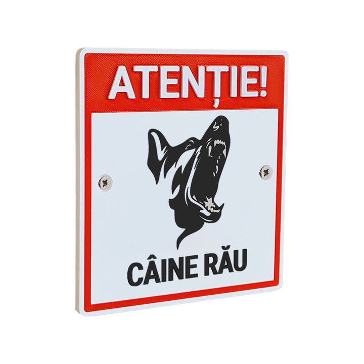 Indicator de avertizare "ATENTIE! CAINE RAU" NEXTLY, semn de atentionare din PETG, imprimare 3D, litere volumetrice, rezistenta la UV/apa/impact, gauri de fixare, 15x14cm, 6mm grosime, alb