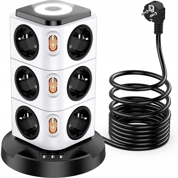 Вертикален удължител Luka, 12 гнезда, 3 USB, 3 метра, защита от пренапрежение