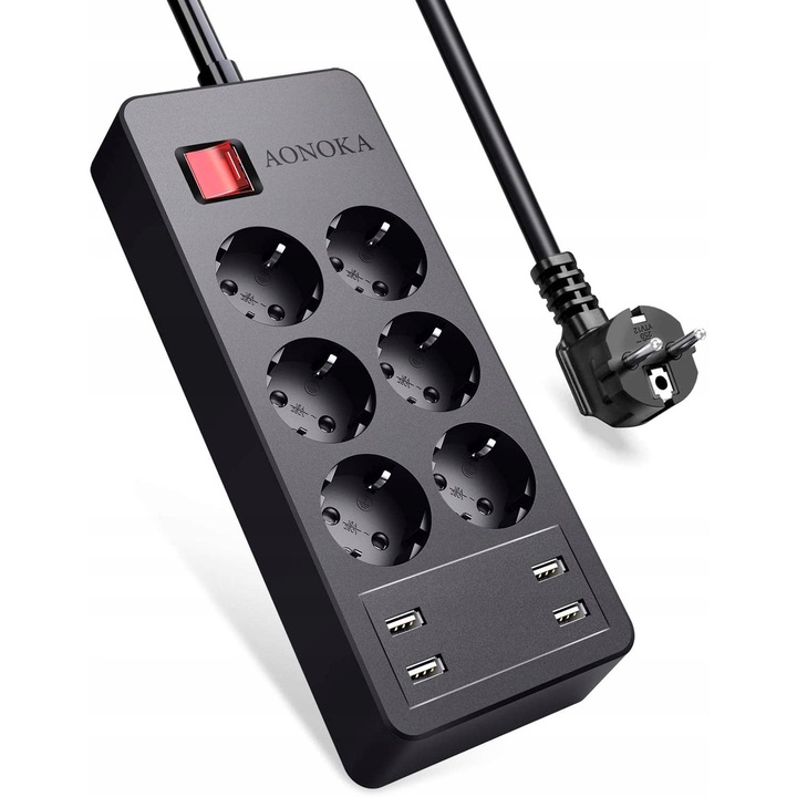 Удължителен кабел Luka 6 гнезда + 4 USB, 4000W, 1.5 м, защита от претоварване, черен