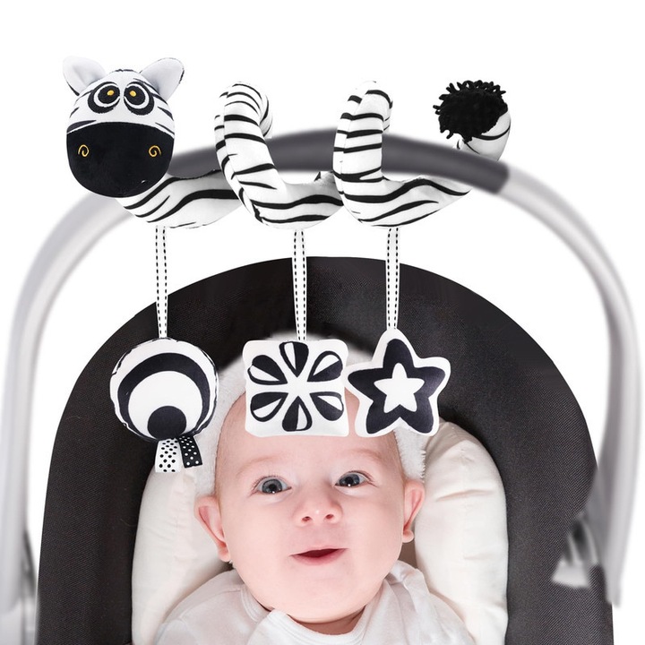 Jucarii pentru carucior si patut, jucarii din plus in forma de animale, alb-negru, set pentru bebelusi 0-6 luni