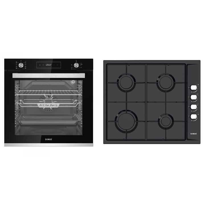 Pachet incorporabil Samus Cuptor incorporabil SCE828GCF3D, 80 l, 8 functii, Timer digital, 2500 W + Plita incorporabila PSG-64SB, 4 arzatoare pe gaz, gratare metalice, negru