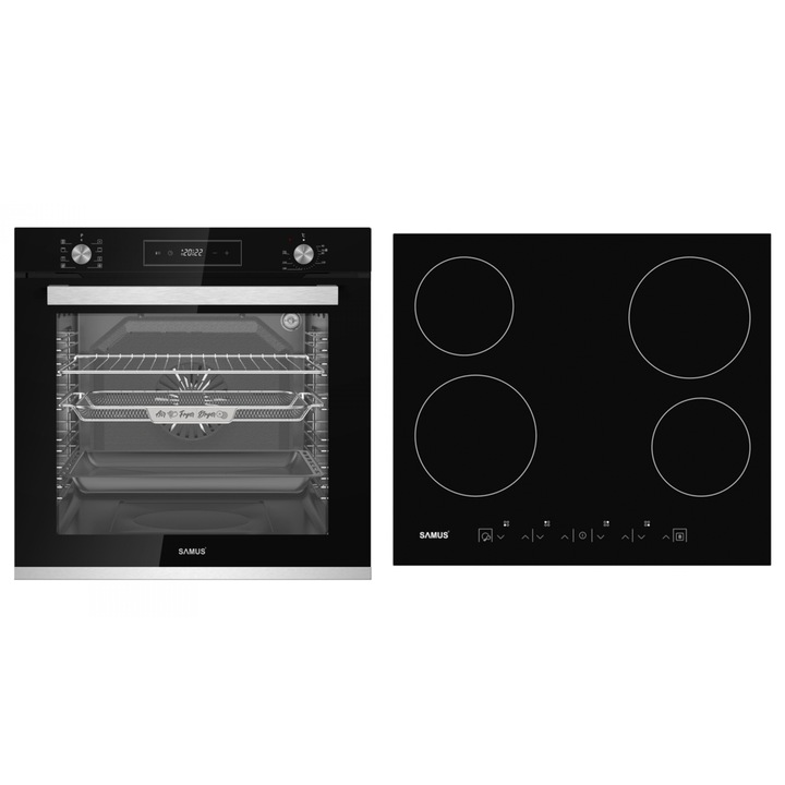 Pachet Samus incorporabil Cuptor incorporabil SCE828GCF3D, 80 l, 8 functii, Convectie 3D+ Plita incorporabila vitroceramica PSVE-64BG3, 4 arzatoare, timer, sticla ceramica neagra