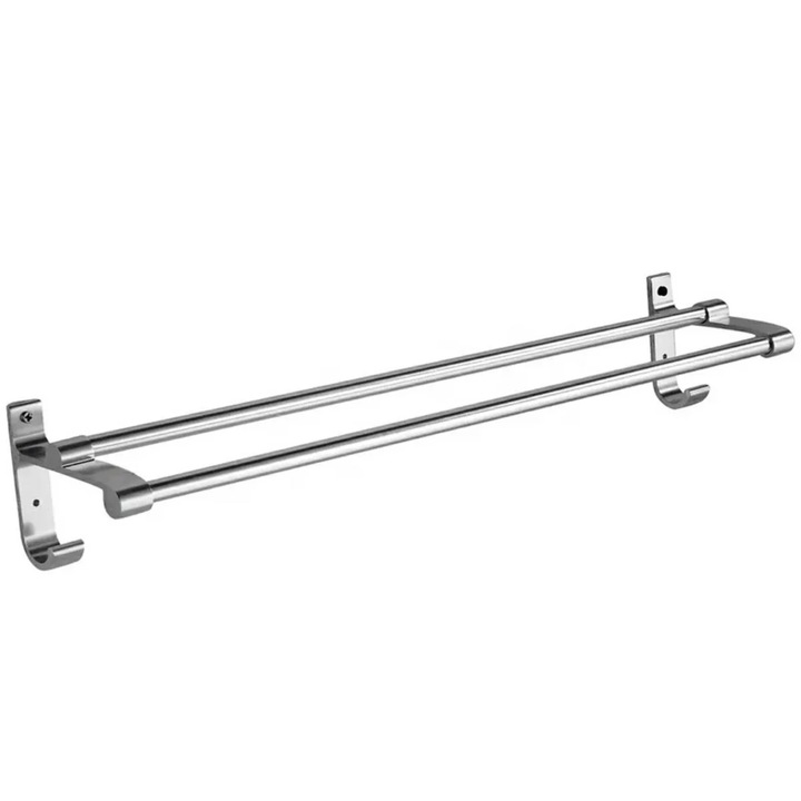 Cuier metalic de perete pentru baie VarioShop®, stil loft, din aluminiu rezistent la umiditate, cu 2 brate pentru prosoape, montaj cu suruburi inclus, 60 cm, Argintiu