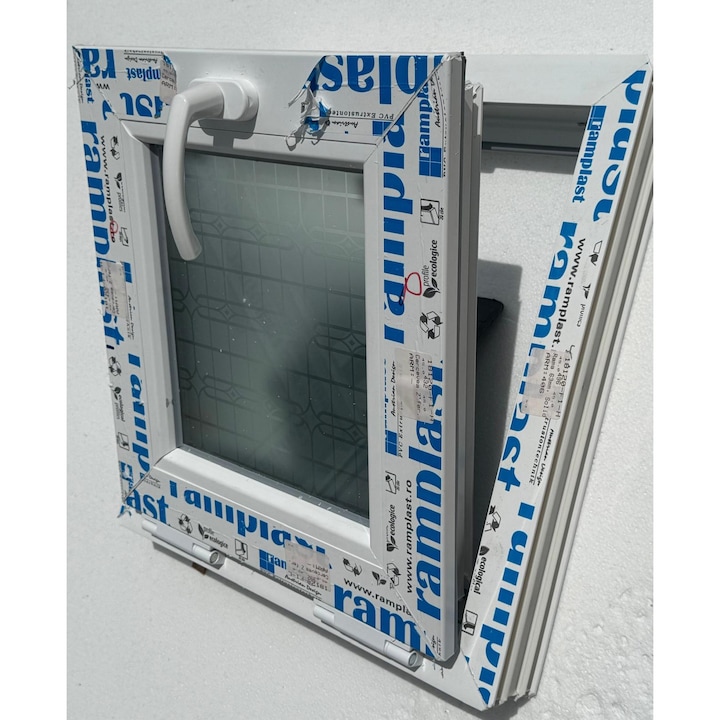 Fereastra termopan PVC Ramplast, 4 camere, 450 mm x 500 mm, Alb, deschidere basculant, sticla termopan 24mm ornament