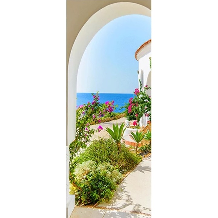 Dekoratív ajtómatrica - Öntapadós matrica valósághű 3D hatással, mediterrán házminta, 2 lap, méretek 78 x 200 cm