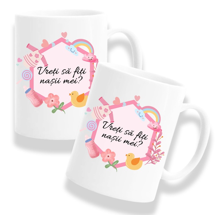 Set 2 Cani Personalizate pentru nasi cu mesaj:"Vreti sa fiti nasii mei?", Model Fetita, Betaprint, 330ml, ceramica