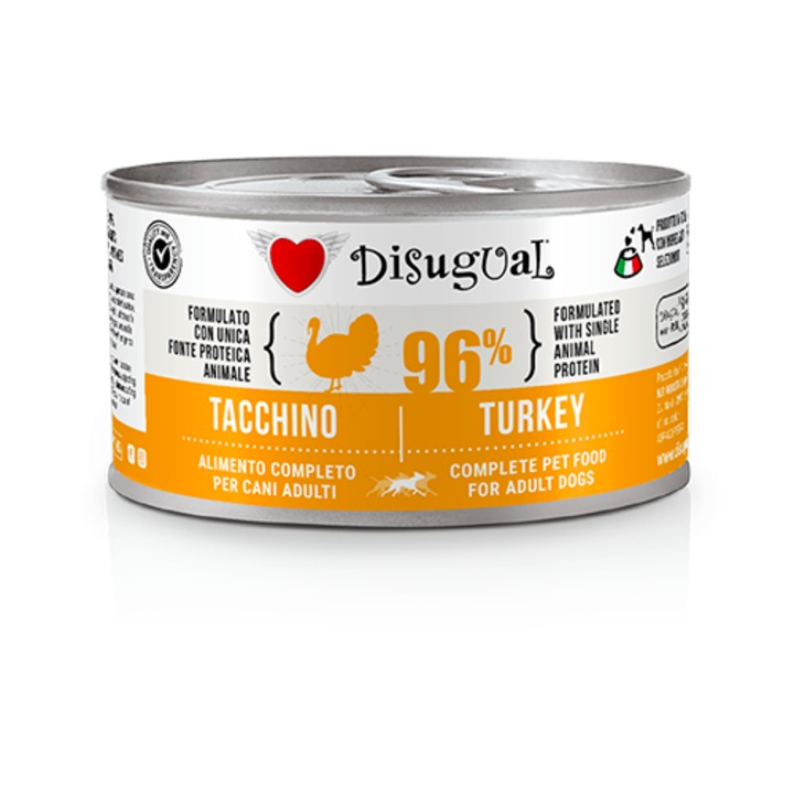 Hrana umeda monoproteica pentru caini adulti Disugual cu curcan – 96% carne – fara cereale – 150 g