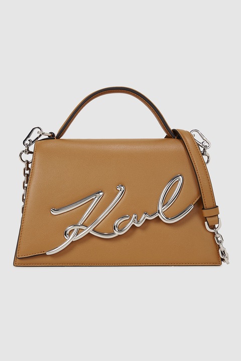 Karl Lagerfeld, Geanta din piele cu maner Signature, Caramel, Argintiu